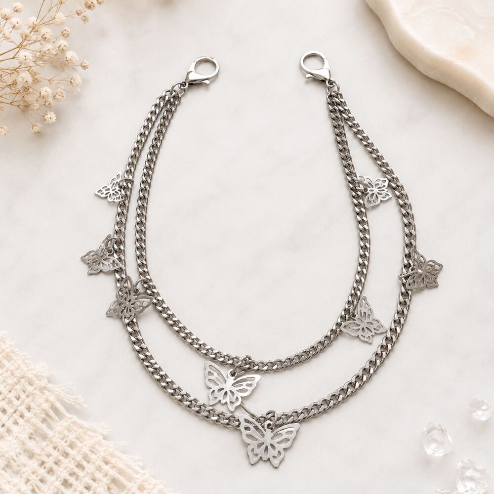 Silver Tone Butterfly Charm Double Strand Purse Chain